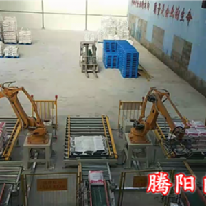 建筑材料行業使用兩臺碼垛機器人負責三線碼垛工作